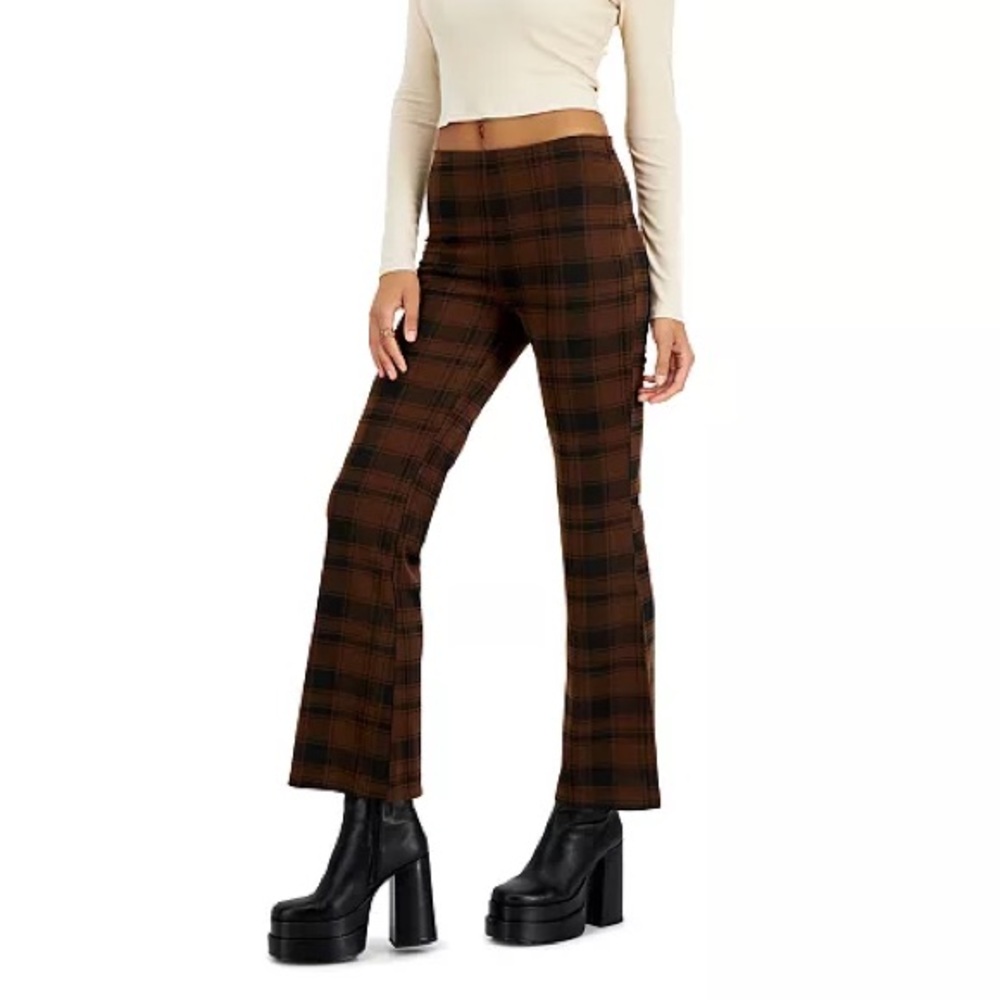Size S  Juniors' Plaid Jacquard Flared-Leg Pants